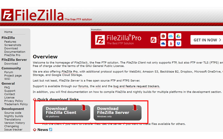 File Zilla 公式サイトからダウンロード 