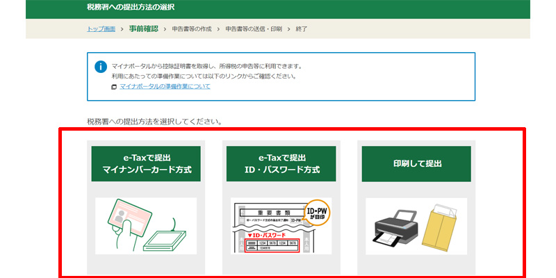 確定申告書等作成コーナー 提出方法の選択