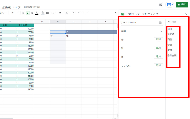 Googleスプレッドシート　ピボットテーブル