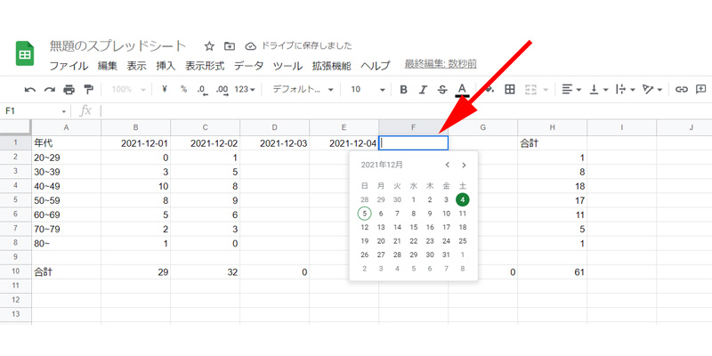 Googleスプレッドシート　表の作成　日付のカレンダー入力