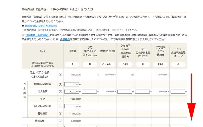 事業所得に係る決算額等の入力