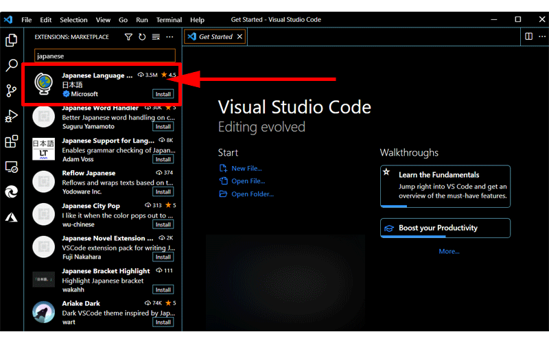 Japanese Language Pack for Visual Studio Codeをクリックします。
