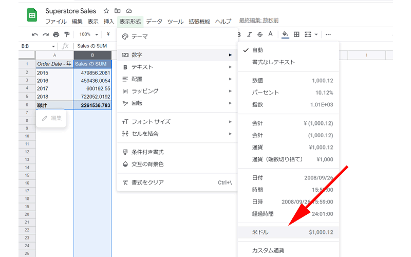 表示をドルに変更します。