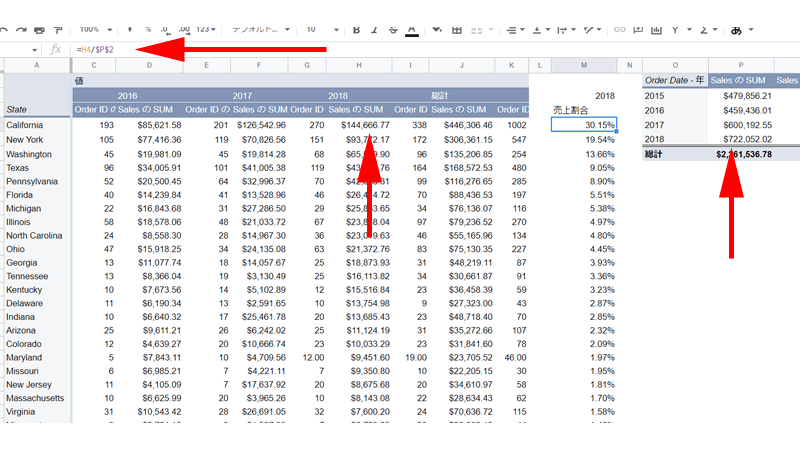 売上割合の計算式を挿入します。