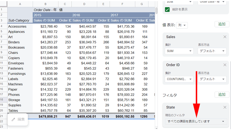 「フィルタ」に「State」を追加します。