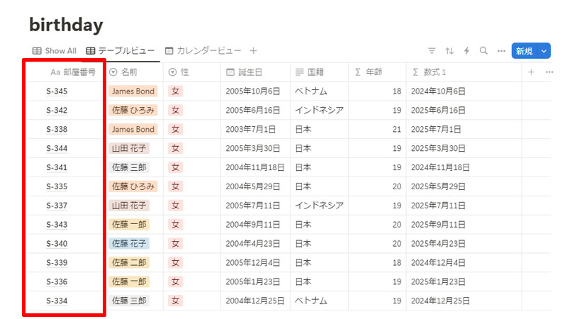 テーブルビューの1列目